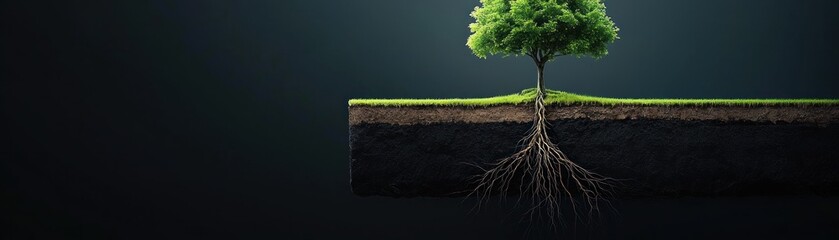 A green leafy tree shows its extensive root structure on dark background