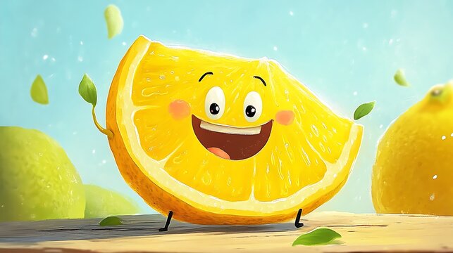 Animated lemon slice smiling with leaves and joyful expression