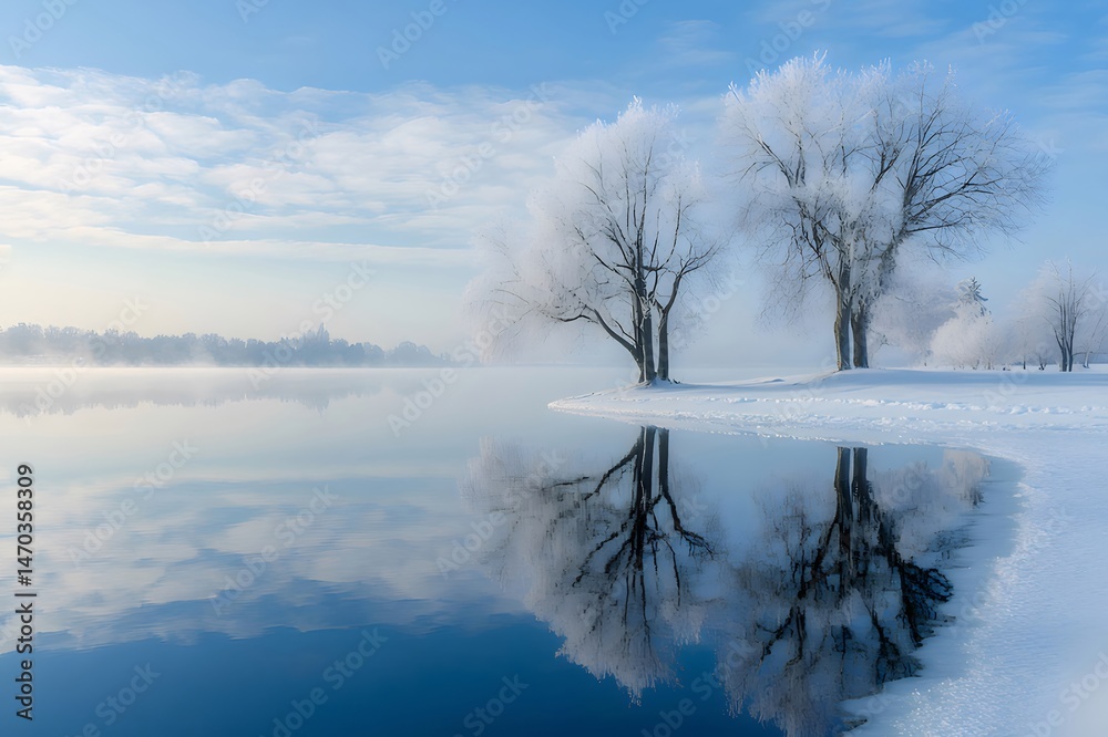 Aufkleber 雪に覆われた木の反射と静かな水面を持つ冬の湖の日の出の風景 透明な空と冬の静けさを捉えた穏やかな朝の日の出の美しさ