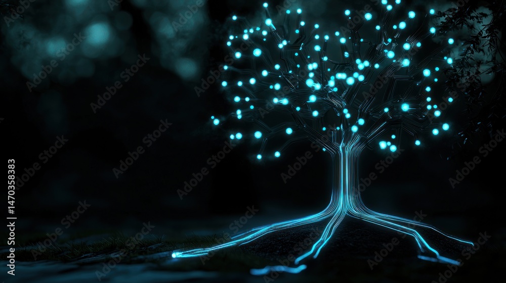 Poster a digital tree is glowing and standing in a dark environment