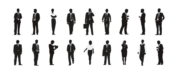 Black silhouette people set. People silhouette. Silhouettes of a Businessman character in different poses. Vector illustration eps 10