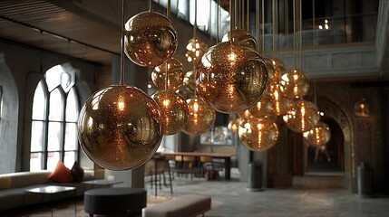 Hanging, spherical lights illuminate an interior space with tables, chairs, and seating. Arched windows and passageways are also visible.