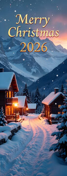 text="Merry Christmas 2026" on a snowy mountain village background with warm candlelight and snowflakes falling. Elegant modern sans-serif font, 48 pt, centered with balanced tracking and metallic emb