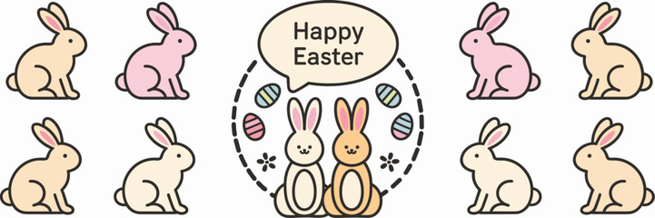 Fototapeta premium Vector icon set of bunnies with speech bubbles and eggs – Ideal for Easter greetings, festive illustrations, or holiday marketing.