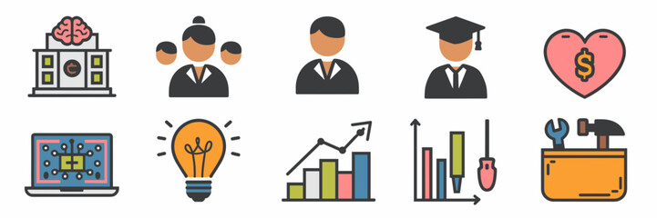 Obraz premium Business vector icons with building, brain, heart, dollar sign, person, briefcase, graduation cap, laptop, chart, toolbox and more