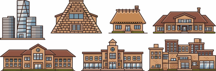 Vector sheet of building icons including modern skyscraper, stone building with steep roof, thatched roof house, school, hospital, and shopping mall