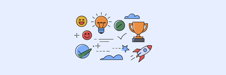 Vector sheet of motivational icons with happy face, lightbulb, and trophy – Perfect for inspiration, personal development, or positive thinking content.
