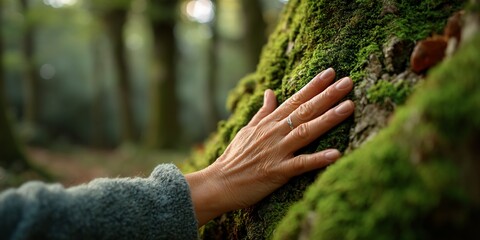 Hand gently caresses a moss-covered tree in a tranquil forest setting