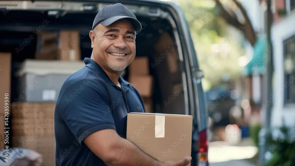 Poster a cheerful delivery person stands with a package, next to a delivery van, looking at the camera, smi