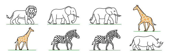 Obraz premium Vector icons of animals in a continuous line style on a green field – Ideal for educational content, wildlife promotion, or minimalist design projects.