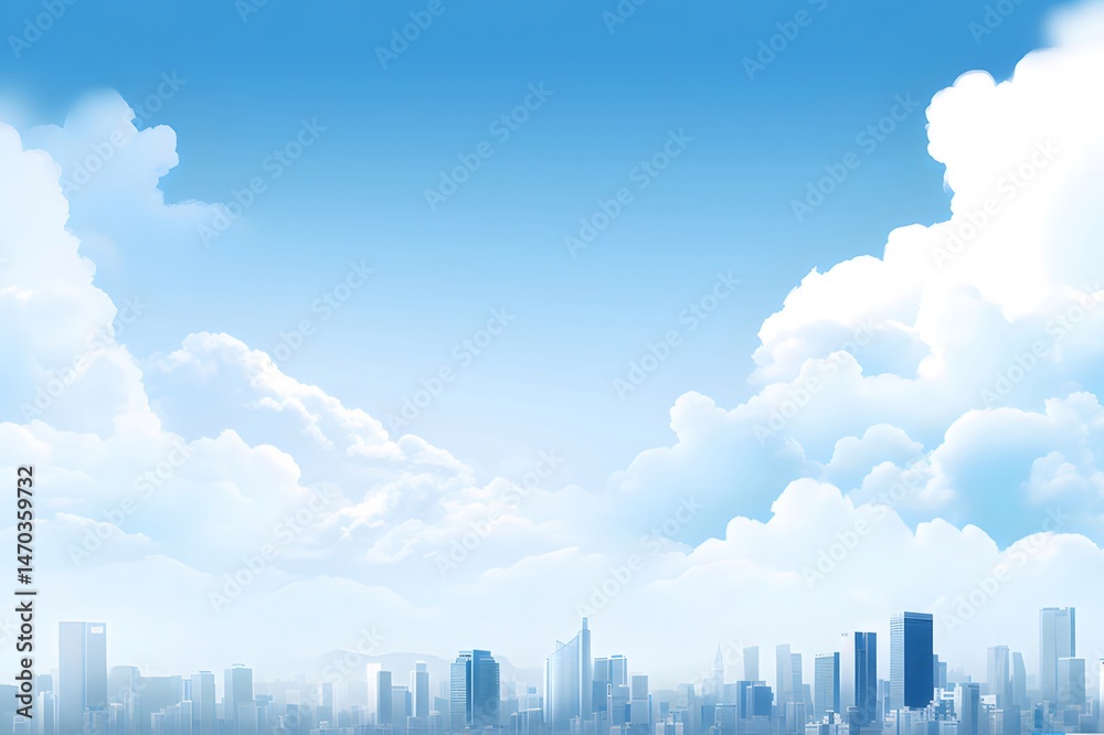 Poster 青い空と白い雲を背景にした都市のスカイラインのパノラマ風景高層ビルと建築物が立ち並ぶ街並み都市の風景