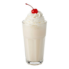 Creamy vanilla milkshake in tall glass with cherry on top