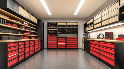 Organized, modern workshop with red and black cabinetry,  ample storage, and a clean, bright interior