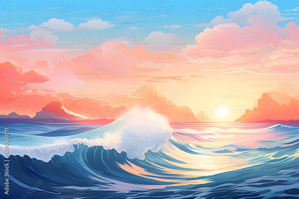 Aufkleber ピンク色の雲が浮かぶ空と輝く太陽が美しい穏やかなピクセルアートの海の風景と波のイメージ