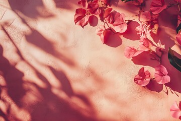 Bougainvillea petal shadows on adobe background. Romantic and exotic tone for travel ads.
