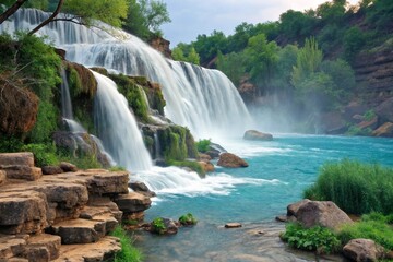 Fototapeta premium Majestic waterfall cascading down rocky cliffs into a vibrant turquoise river