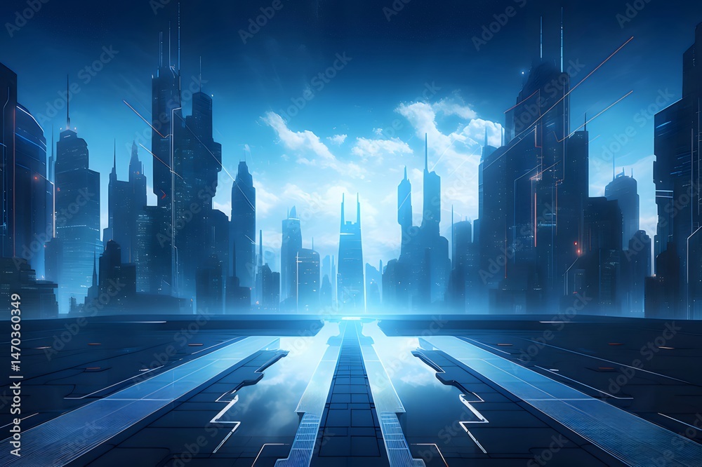 Poster 明るい青色の光と反射のある未来的な都市景観スカイライン 暗い夜空の高層ビル群と抽象的な建物の遠景 建築の革新的なデザイン