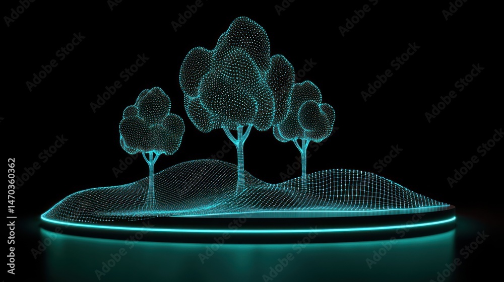 Poster a digital illustration of three trees on a glowing platform