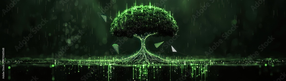 Poster A Glowing Digital Tree With Connected Roots and Branches