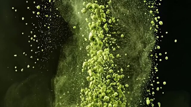 Green matcha tea powder exploding upward in slow motion on dark background &mdash; perfect for healthy lifestyle, superfood, or organic tea branding visuals.