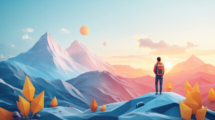 A man with a backpack standing on a hill looking at mountains with a colorful sky and floating orbs