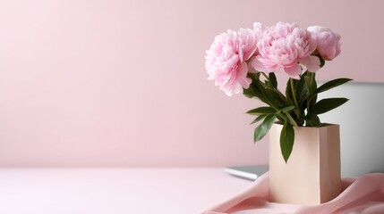 Fototapeta premium A beautiful arrangement of pink peonies in a simple vase. The soft pastel colors create a calm and inviting atmosphere. Perfect for home decor or floral themes. AI