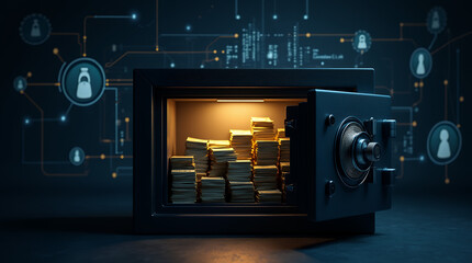 Fototapeta premium A black safe slightly open with stacks of cash and gold shining inside, surrounded by digital security interface projections.