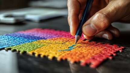 A hand carefully places a puzzle piece, using a pencil to guide it into its correct position on a vibrant rainbow-colored puzzle