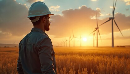 Engineer stands in wind farm field watching sunset. Clean energy concept with wind turbines. Man in hardhat assesses renewable eco-friendly technology. Beautiful golden hour landscape with renewable