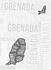 Grenada regions map word cloud. Grenada region names. Black and white map design. Trending vector illustration.