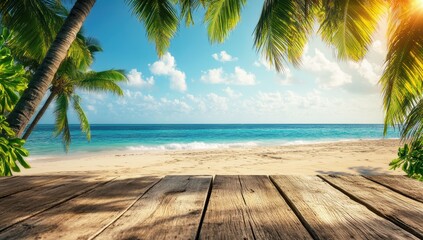 Tropical beach scene with wooden deck