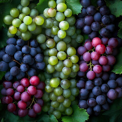 Lush clusters of grapes in various colors set against vibrant green leaves, showcasing nature's bounty