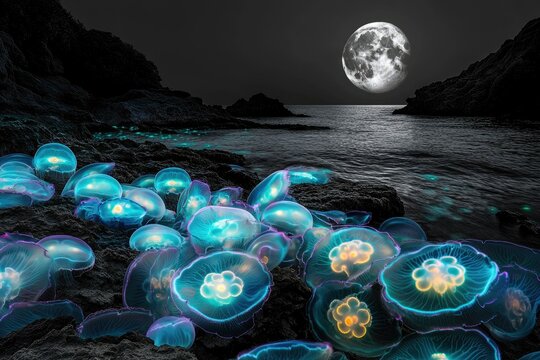 Glowing jellyfish illuminate a dark, moonlit shoreline, creating a mesmerizing bioluminescent seascape.