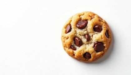 Delicious chocolate chip cookie on white background. Fresh baked round biscuit with dark chocolate pieces, studio shot. Sweet dessert, tasty snack. Homemade food treat.