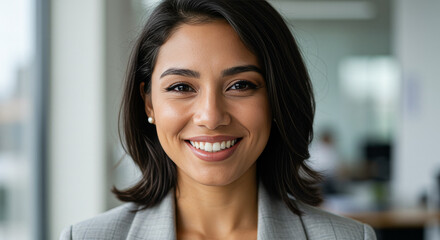Confident and Cheerful Businesswoman Smiling in Bright Office Environment