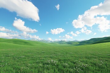 Fototapeta premium Expansive grassland under a bright blue sky with fluffy white cloud formations
