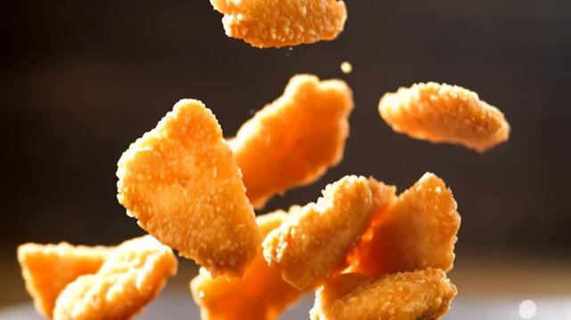 Golden crispy chicken nuggets fall in slow motion. Juicy texture, crunchy breading, and appetizing action create a delicious fast food scene.