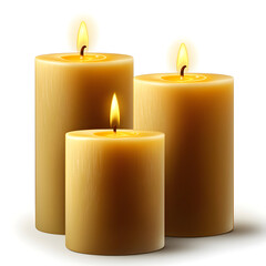 Three burning candles emitting a warm glow on white background