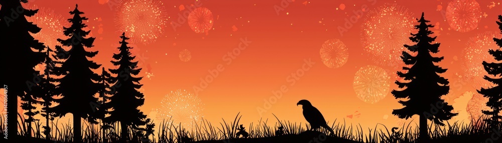 Poster Silhouette view of forest trees and fireworks over a bird