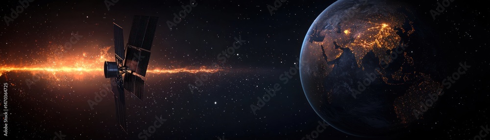 Poster a satellite beaming energy towards the illuminated planet in space