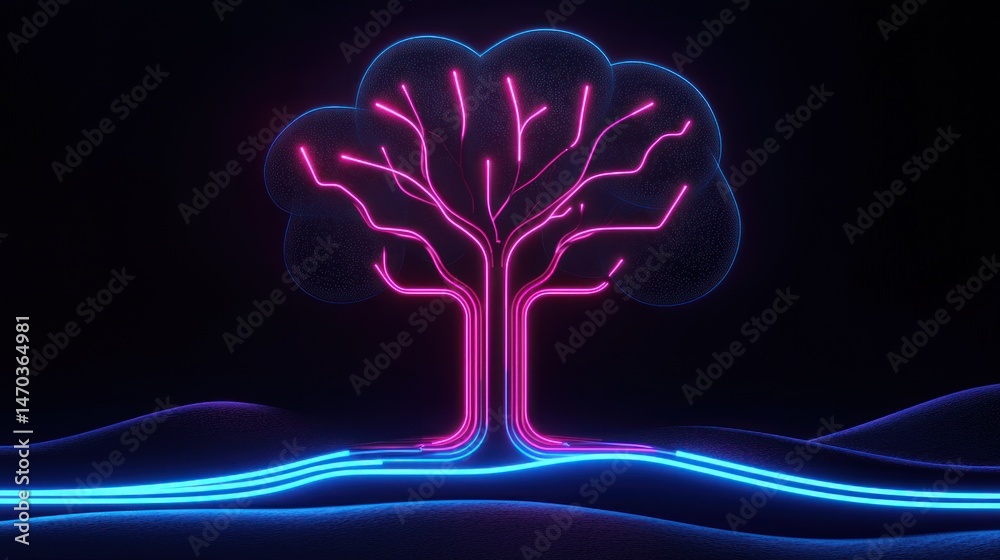 Poster an illuminated neon tree is depicted against a dark backdrop
