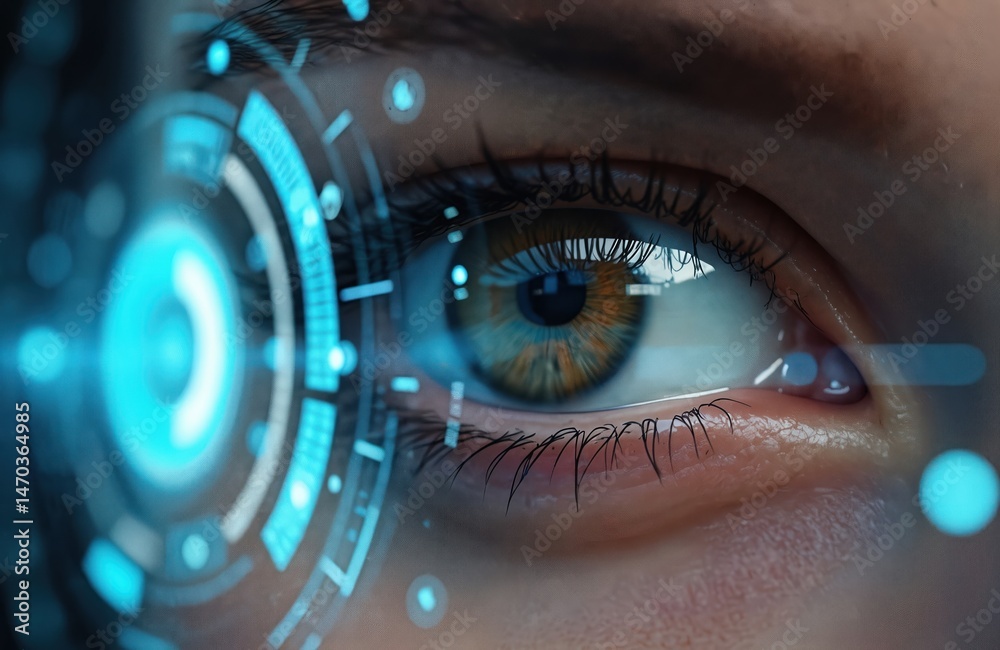 Fototapete close-up of eye with futuristic tech interface. digital screen overlay. biometric scan, iris recogni