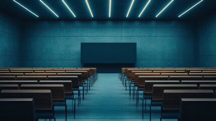 Fototapeta premium Empty lecture hall, blue lighting, screen, modern architecture, presentation space