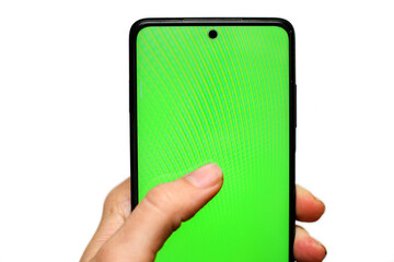 hand hold phone with green screen