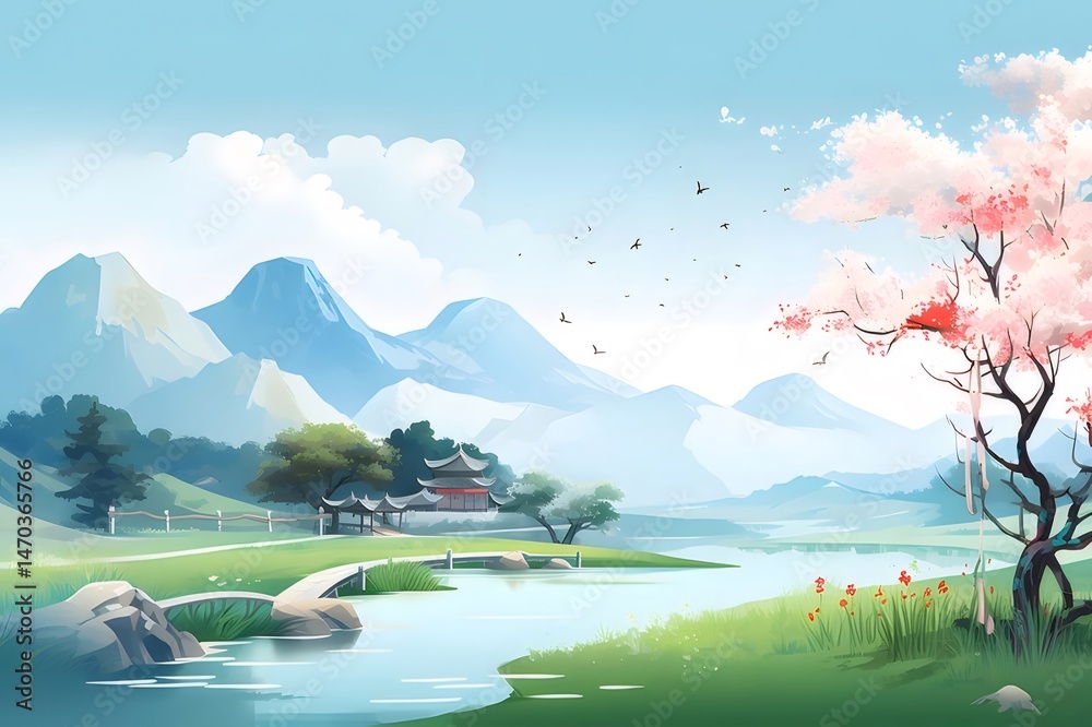 Aufkleber 青い空と山の背景に桜の木が咲き穏やかな湖畔の風景 美しいパステルカラーのイラストレーション