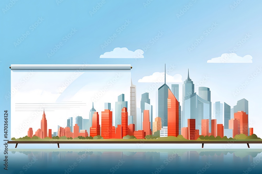 Poster 現代的な建築のスカイライン 都市の背景に抽象的な高層ビルと明るい青空と雲のベクトルイラスト