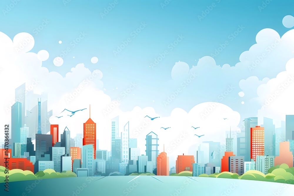 Poster 現代的な都市景観と青空を背景にした高層ビル群の抽象的なイラストデザイン 都市のスカイライン 都市景観の建築と未来的な幾何学的構造