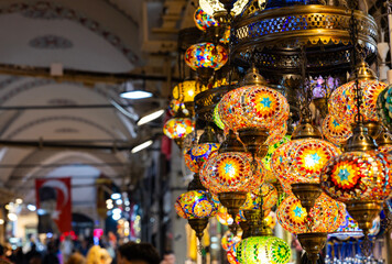 Colorful Turkish lamps or Ottoman lanterns. Souvenir lanterns for sale in the Grand Bazaar. Istanbul, Turkey. Colorful Lanterns.