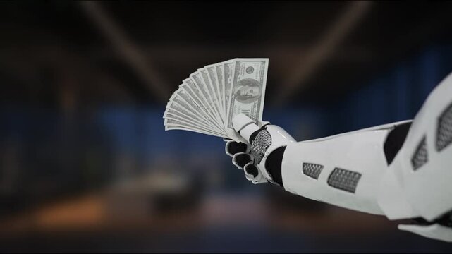 A robotic hand displays fanned out currency, symbolizing the intersection of technology and finance in a sleek modern environment, showcasing innovation and progress. MZL