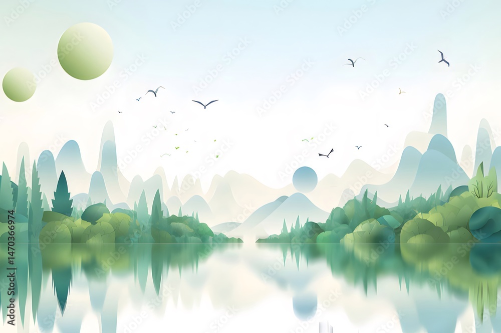 Aufkleber 緑の木々が茂る穏やかな湖と水面に山が映る静かな風景 青空と鳥が飛ぶイラスト 瞑想的な自然の風景